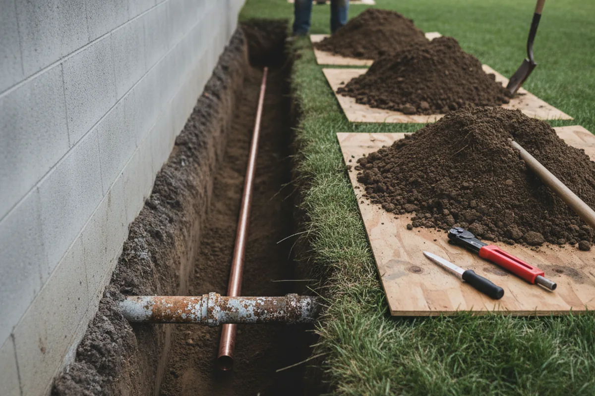 Excavated water line trench during Water Softener Installation in Bayport